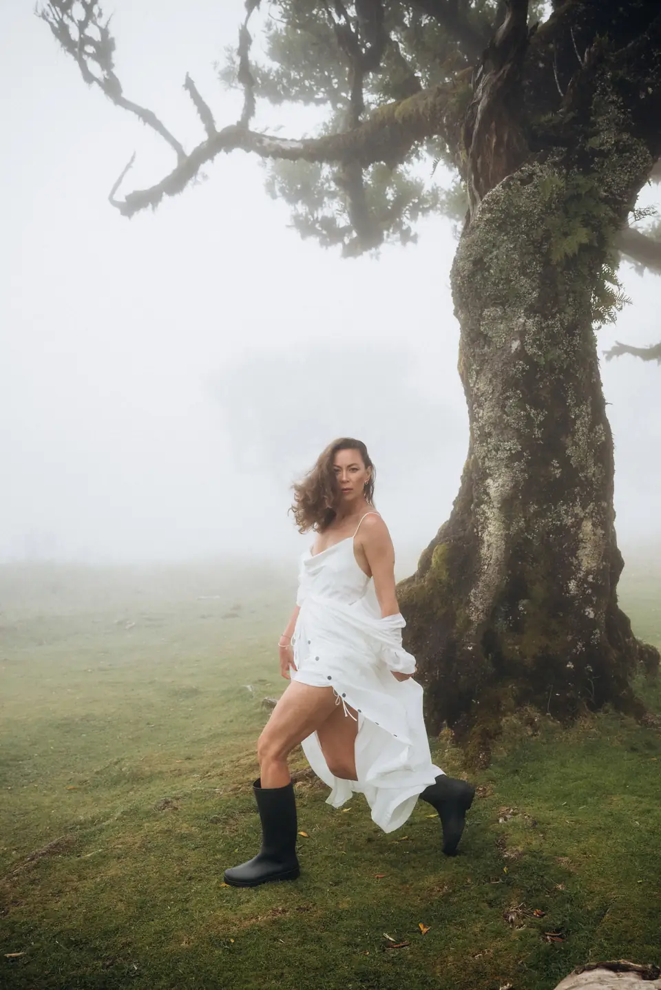 A woman in a white dress by an ancient laurel tree in the fog of Fanal forest, Madeira